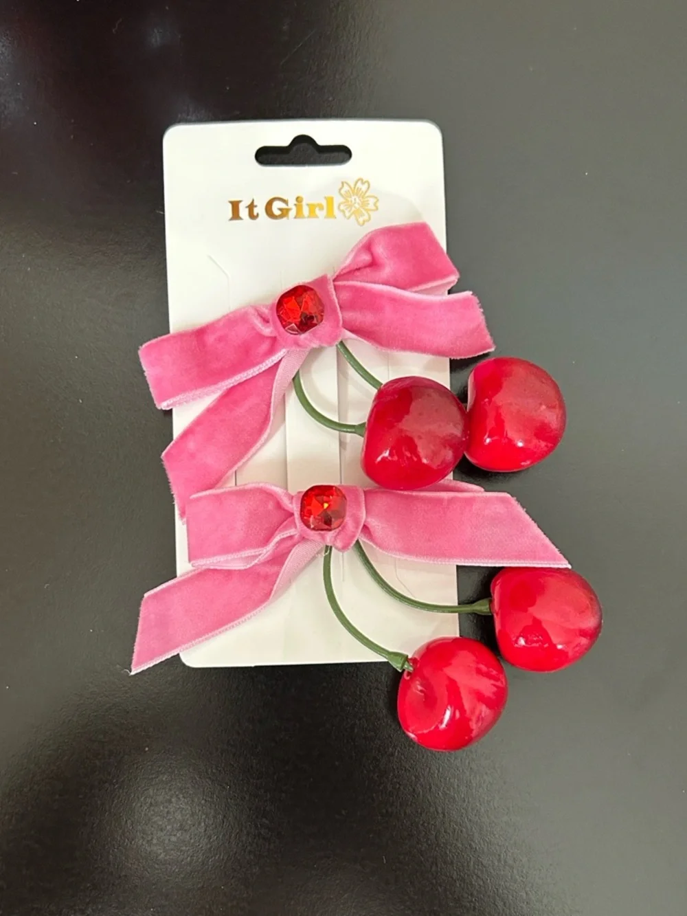 It Girl Cherry Hair Clips with Pink Velvet Ribbon Bow - 2 Barrettes